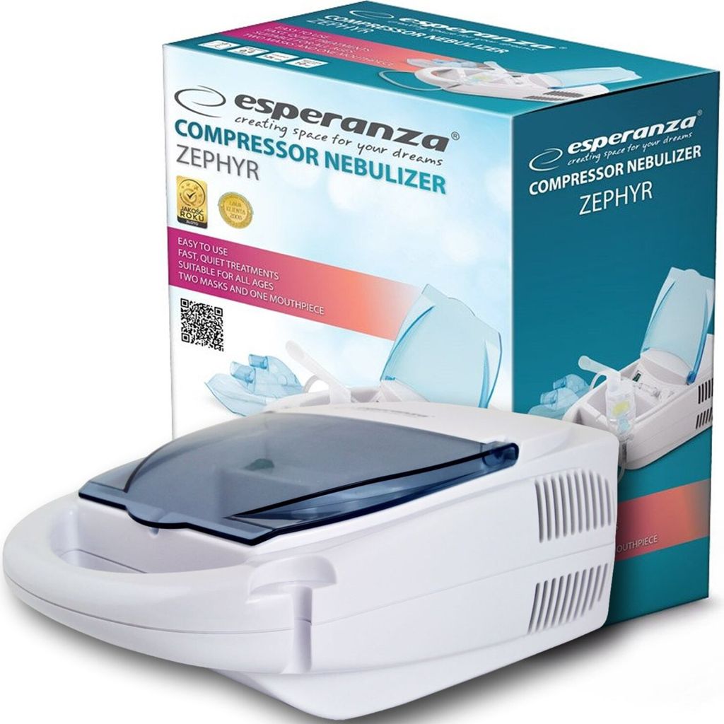 A product shot of a white Esperanza compressor nebulizer with its packaging box.