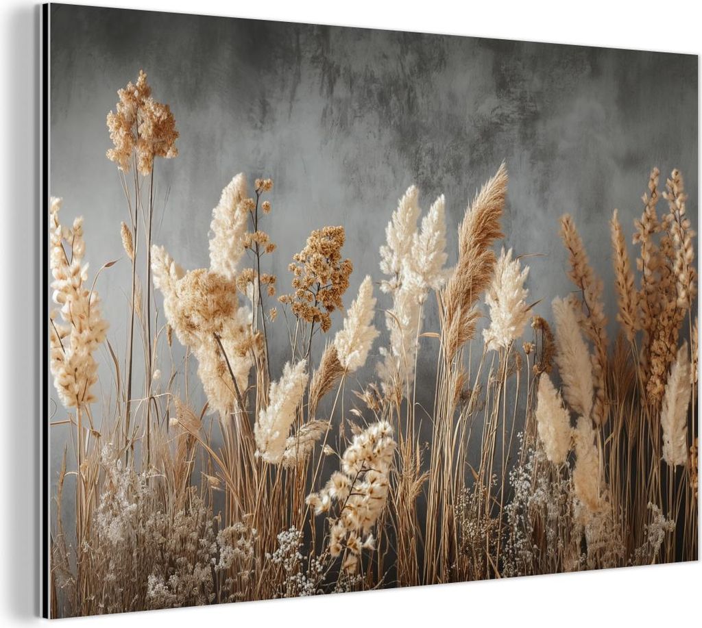 MuchoWow Wanddekoration Metall Metallbild Wandkunst 150x100 cm Getrocknete Feldblumen - Grau - Beton MuchoWow Aluminium Gemälde - Alu Dibond Bild