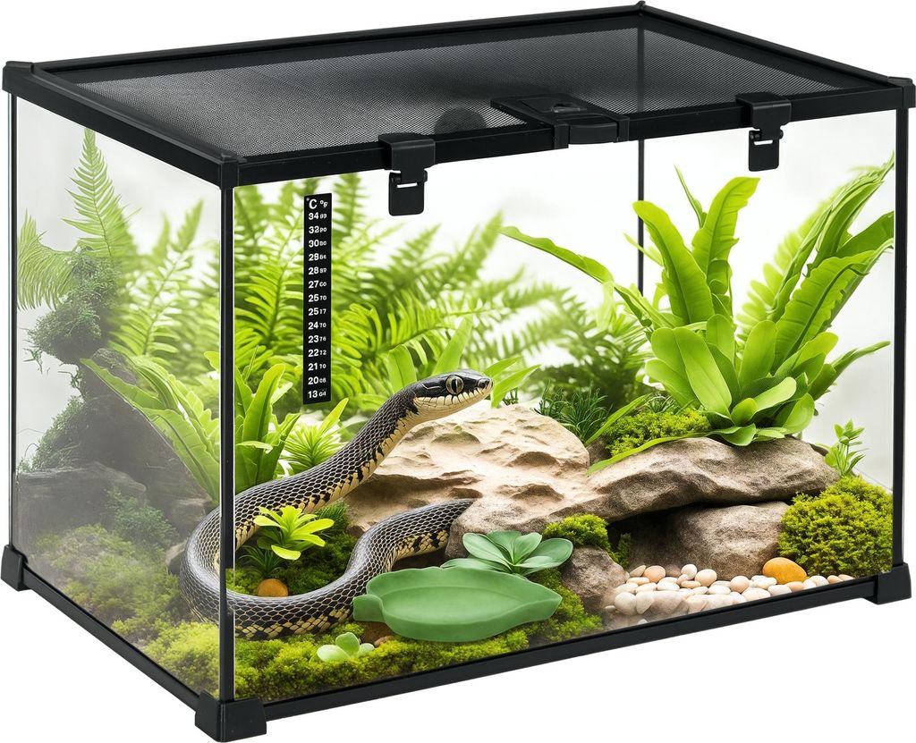 Terrarium für Reptilien Reptile Fütterungsbox Glasterrarium Amphibien Spinnentiere mit Thermometer Reptilienzuchtbox Metall Schwarz 50 x 30 x 35 cm