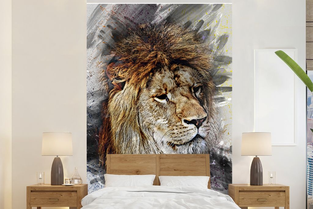 MuchoWow Fototapete für Wohnzimmer oder Schlafzimmer Wandtapete Vinyl Motivtapete Löwe - Abstrakt - Gemälde - 160x240 cm - Vinyltapete