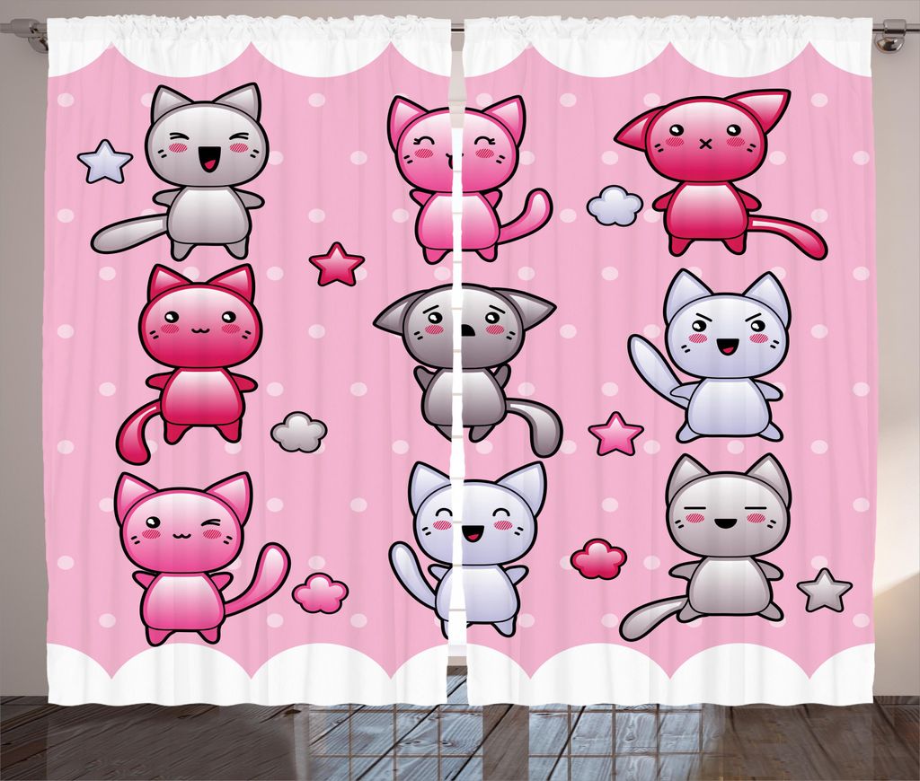 ABAKUHAUS Anime Rustikaler Gardine, Lustige japanische Gekritzel, Schlafzimmer Kräuselband Vorhang mit Schlaufen und Haken, 280 x 245 cm, Blau Lil...
