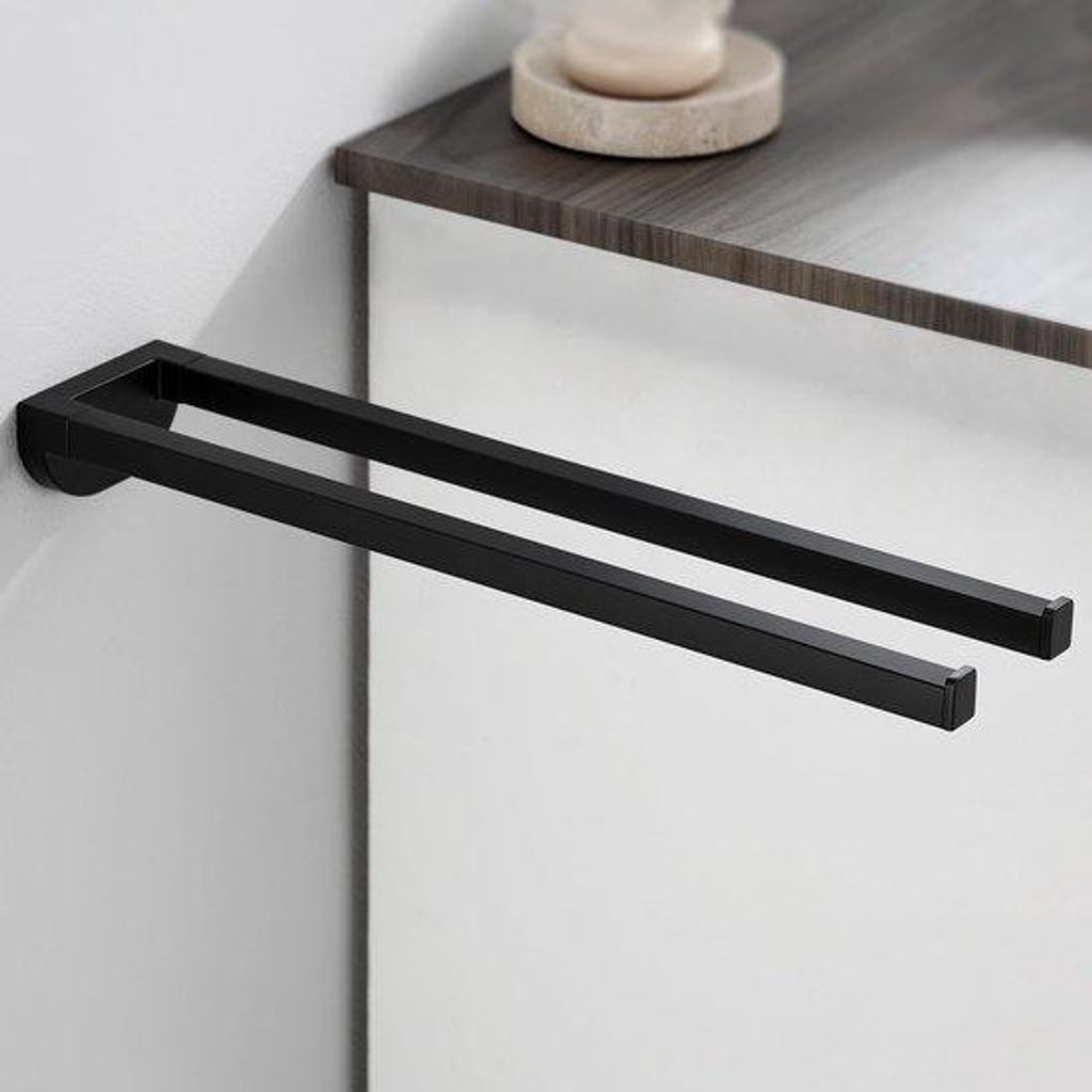 Badezimmer-Halter für Handtücher, schwarz, 40 cm, Edelstahl, Wandmontage, 180° drehbar, falbar, Zweibeinständer für Bad & Dusche, inkl. Montag...