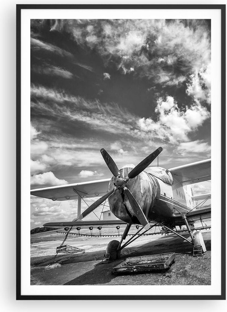 Gerahmtes Poster - Schwarzer Rahmen - An-2 Flugzeug Schwarzweiß - 70x100 cm - Wand Bild - Wanddeko - Wandbilder - Wandposter - Bilderrahmen - Bild...