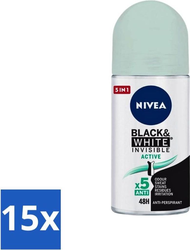 Nivea - Deodorant - Roller - Black & White Invisible - Aktiv - 50 ml - Vorteilspack - 15 Stücke