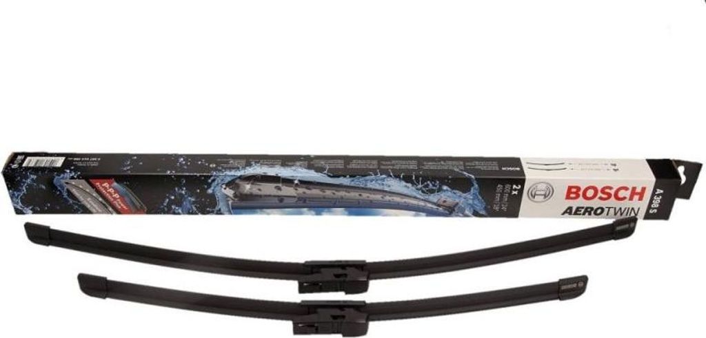 A pair of Bosch Aerotwin windshield wipers and their packaging.