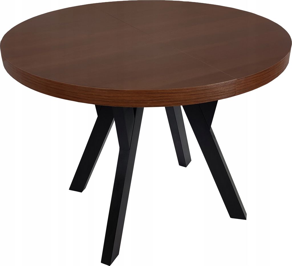 A round table with a dark wood top and black legs, shown from a three-quarter angle against a white background.