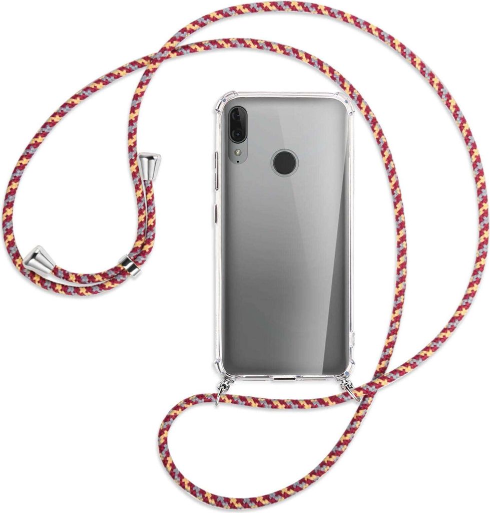 Handykette Backcover-Schutzhülle mit Band (Metall silberfarben) für Motorola Moto E6 Plus - weinrot/gelb/grau