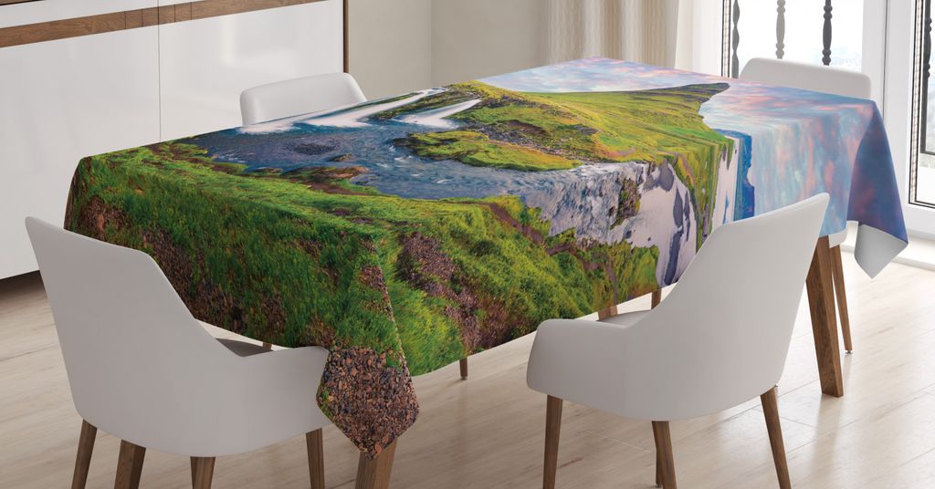 ABAKUHAUS Island Tischdecke, Sonnenuntergang auf Kirkjufellsfoss, Schmutzabweisent mit Modernster Druck Technologie Waschbar Klare Farben, 140 x 17...