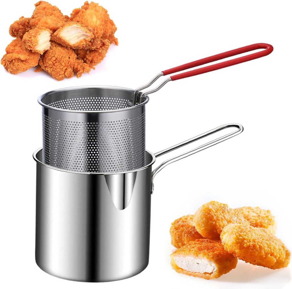 Edelstahl-Fritteuse mit Siebkorb, japanische Tempura zum Frittieren von Fisch und Garnelen (Set aus 3 Teilen: Kasserolle + Siebkorb + Deckel)
