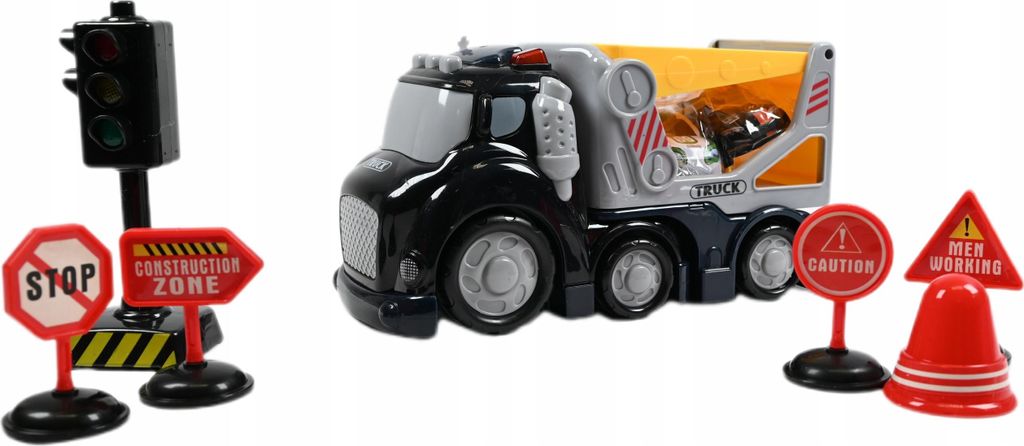 LKW Abschleppwagen mit Licht & Sound + Verkehrsschilder Set - Interaktives Spielzeugauto für Kinder