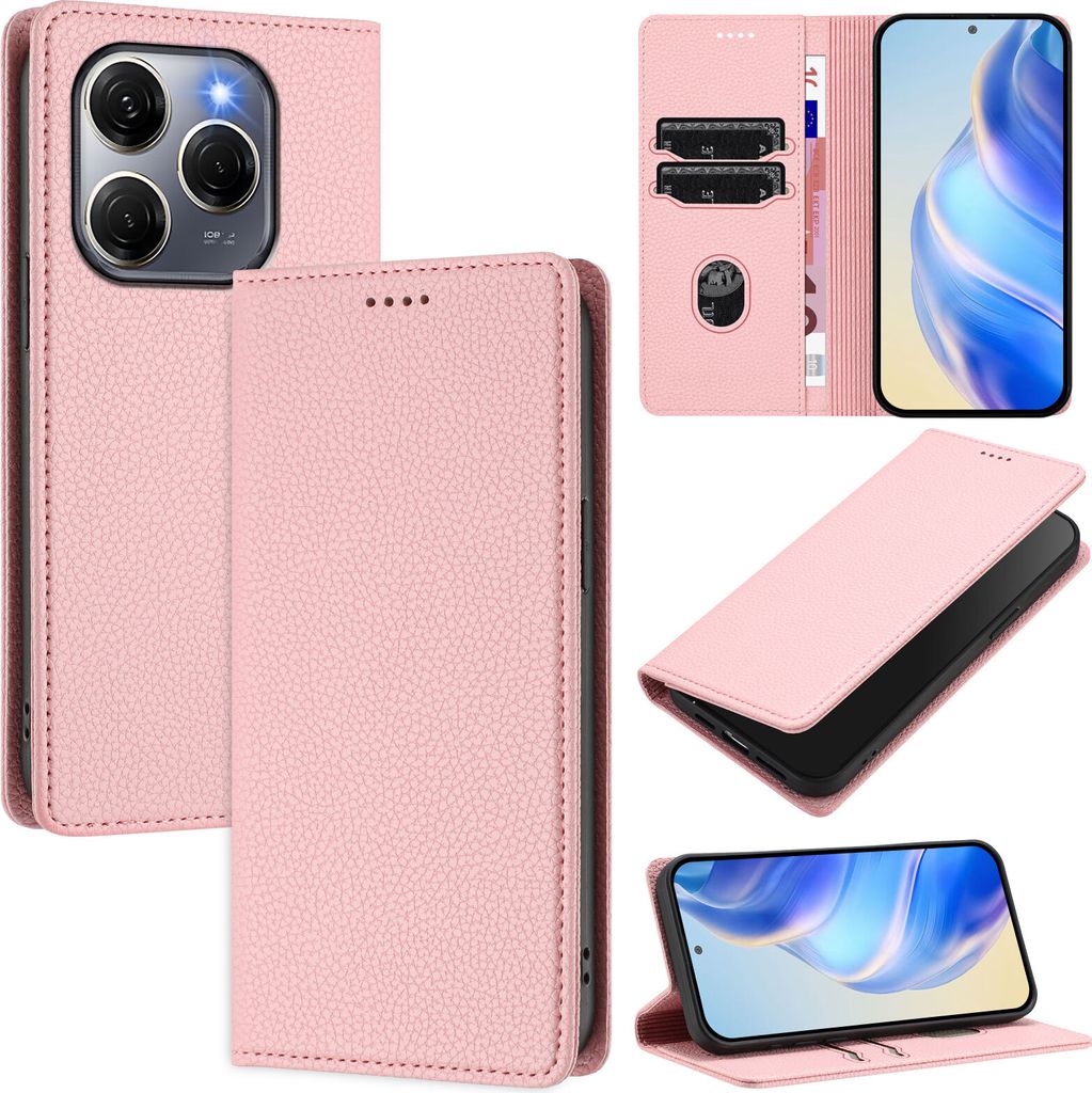 Litchi Leder Handyhülle für Tecno Spark 20 Pro 5G Wallet Kartenfächer Standfunktion Hülle Pink
