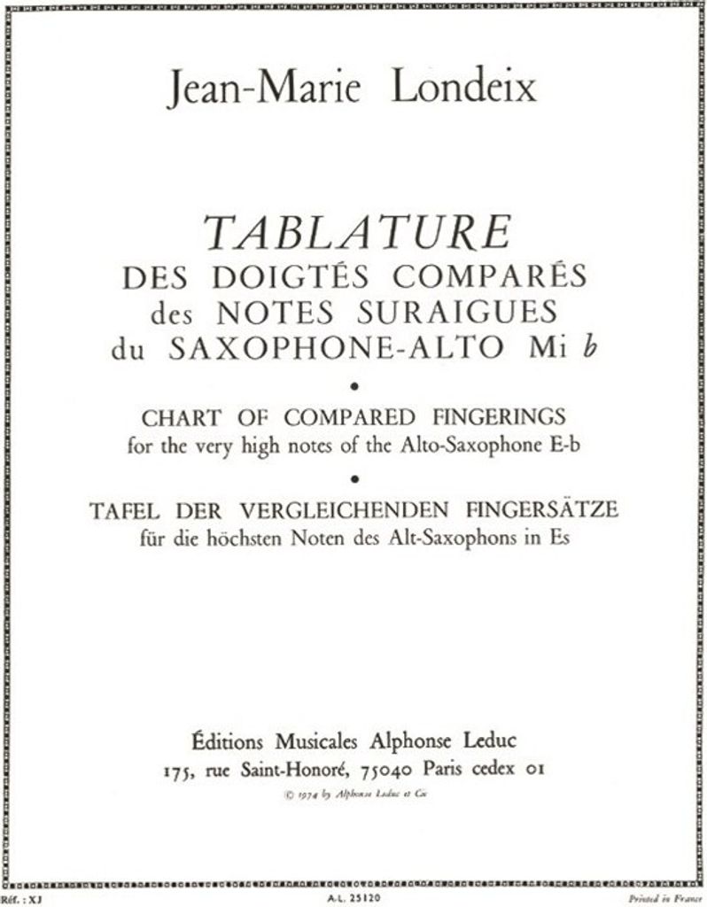 Tablature des doigtés comparésdes notes suraigues du saxophone