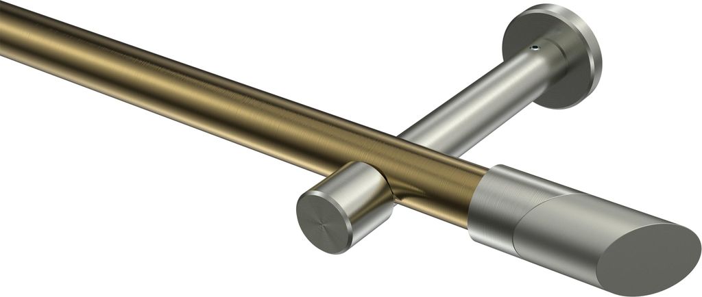 Interdeco Gardinenstange / Vorhangstange Messing Antik / Edelstahl-Optik, Typ Prestige Verano (Schräge) ohne Ringe, 20 mm Ø 1-läufig, 200 cm