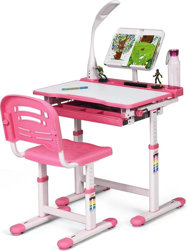 Bureau étudiant rose inclinable pour enfant avec lampe LED et sa chaise - 5
