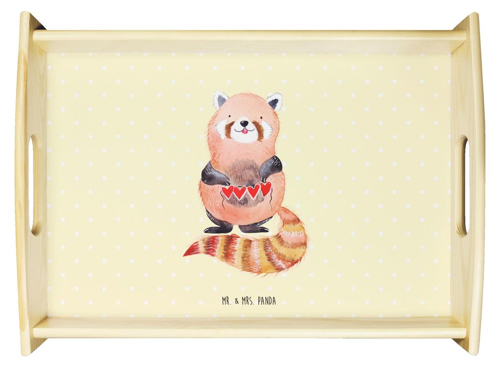 Mr. & Mrs. Panda Servier Tablett Roter Panda - Gelb Pastell - Geschenk, Lieblingsmensch, Liebling, serviertablett aus holz, Lustige Sprüche, Herz,...