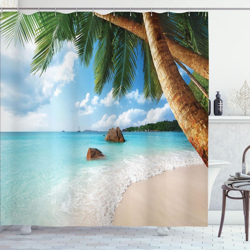 ABAKUHAUS Strand Duschvorhang, Grünes Palmen-klares blaues Wasser Sandy Exotic Seashore Rocks und Hügel im Abstand, 175 x 180 cm, Mehrfarbig