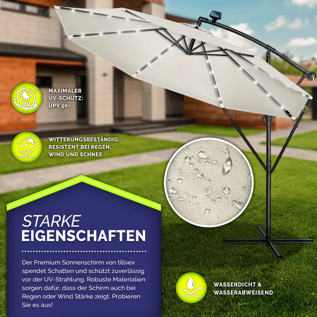 tillvex ombrellone a sbalzo in alluminio Beige LED Solar Ø 350 cm con manovella | ombrellone con interruttore on/off | ombrellone da giardino protezione UV alluminio | ombrellone a manovella con supporto ombrellone da mercato impermeabile - 2