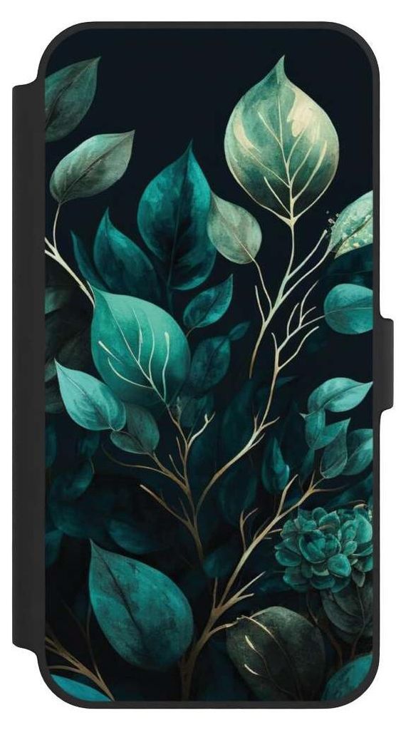 NIVOCASE Klapphülle für Apple iPhone 14 Plus Handyhülle aus Kunst Leder NIVOflip schwarz Blätter schwarz Eukalyptus