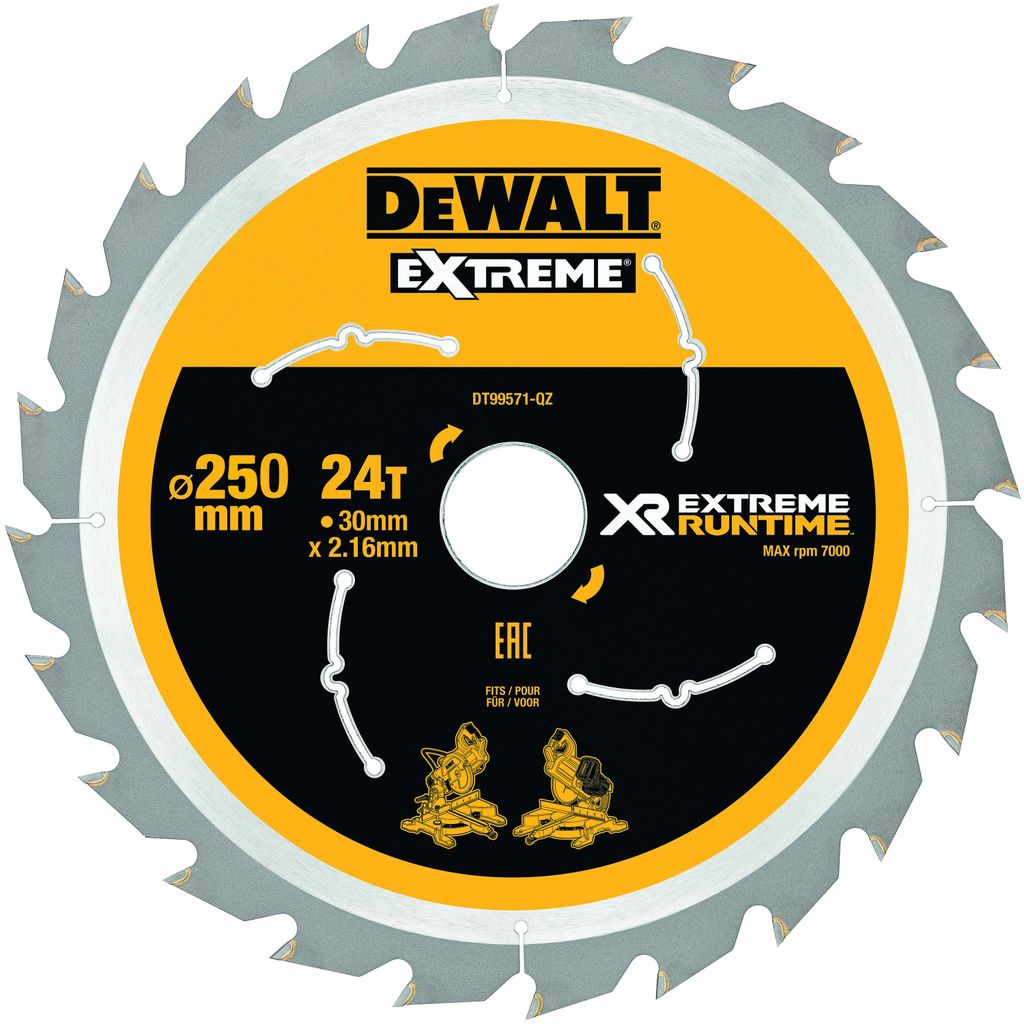 DeWALT Akku-Tischkreissägeblatt DT995 Extreme Runtime XR - Sägeblatt für FlexVolt DCS7485 Größe:250/30mm 24WZ/FZ