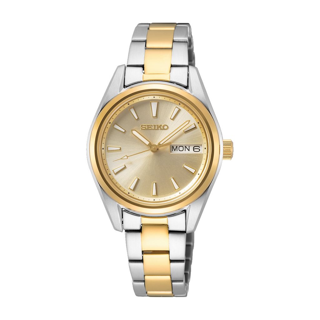 A close-up studio shot of a two-tone Seiko watch.