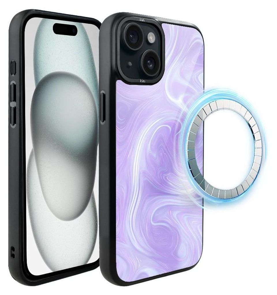 Schutzhülle für das iPhone 15, MagSafe-kompatibel, mattschwarze Seiten, violettes Muster, Wirbel