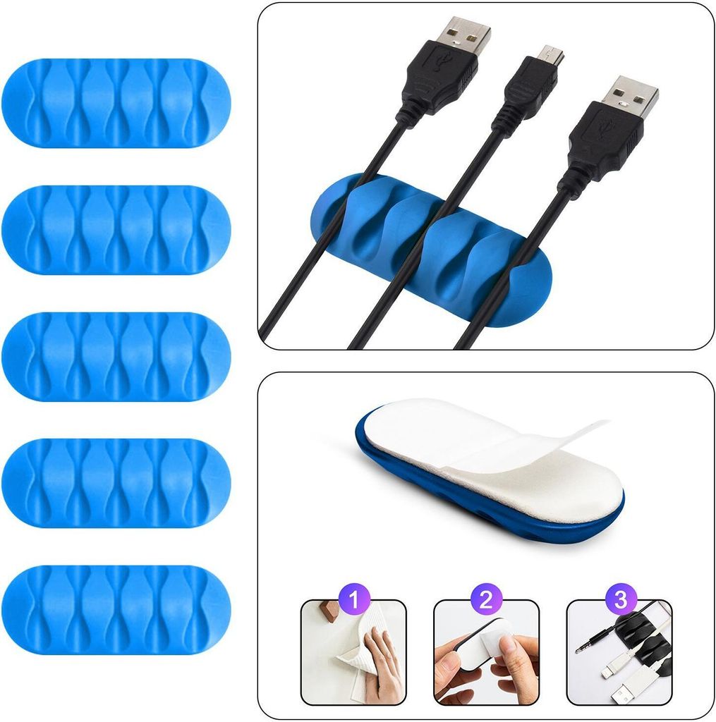 Kabel Organizer Kabelmanager 5-fach Kabelhalter Klemme Clip selbstklebend Schreibtisch Büro Farbe: Blau Menge: 5 Stück