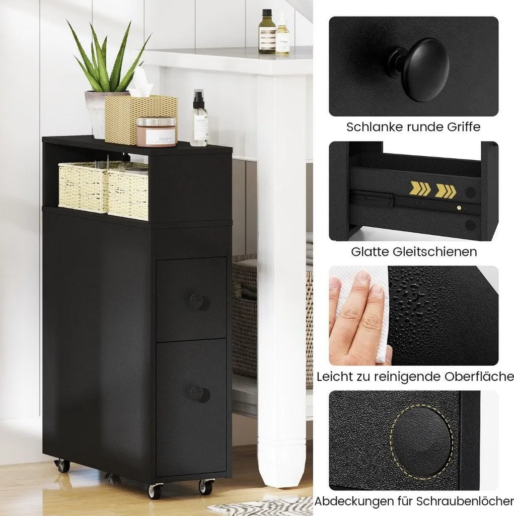 Meuble de rangement WC noir à roulettes avec porte-balais intégré - 4