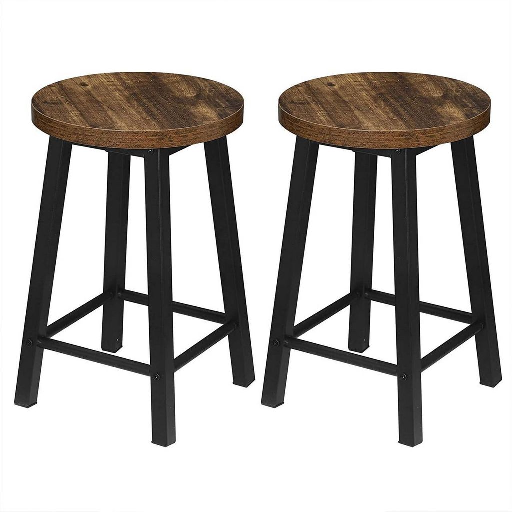 Two bar stools with wooden seats and black metal legs.