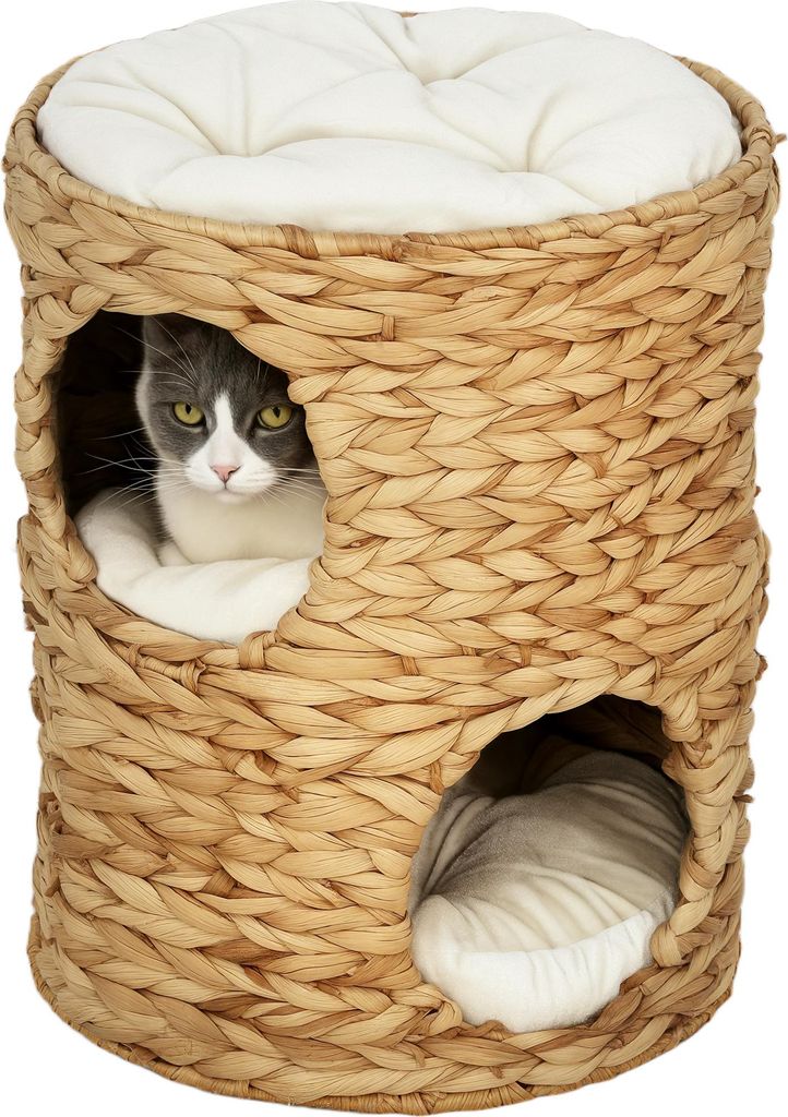 Kratztonne. 50 cm. 2 H?hlen. Kissen. Kratzbaum mit Katzenbett. Katzenturm aus Wasserhyazinthe. Hellbraun