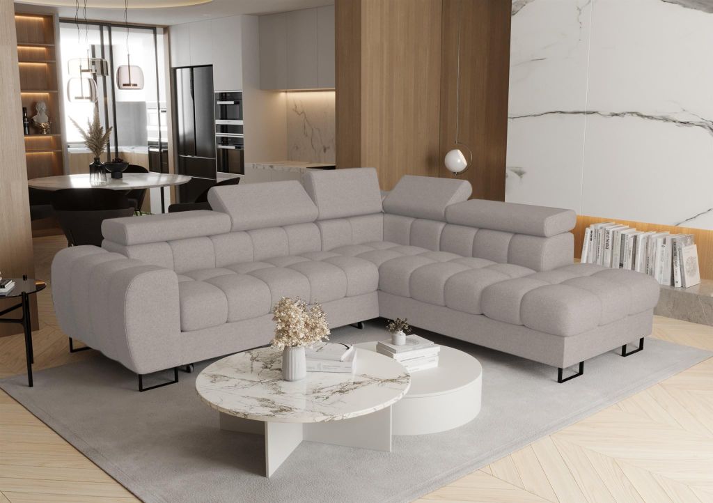 Ecksofa Schlafsofa BASTIEN MAX in Stoff Primo Graubeige Ottomane Rechts
