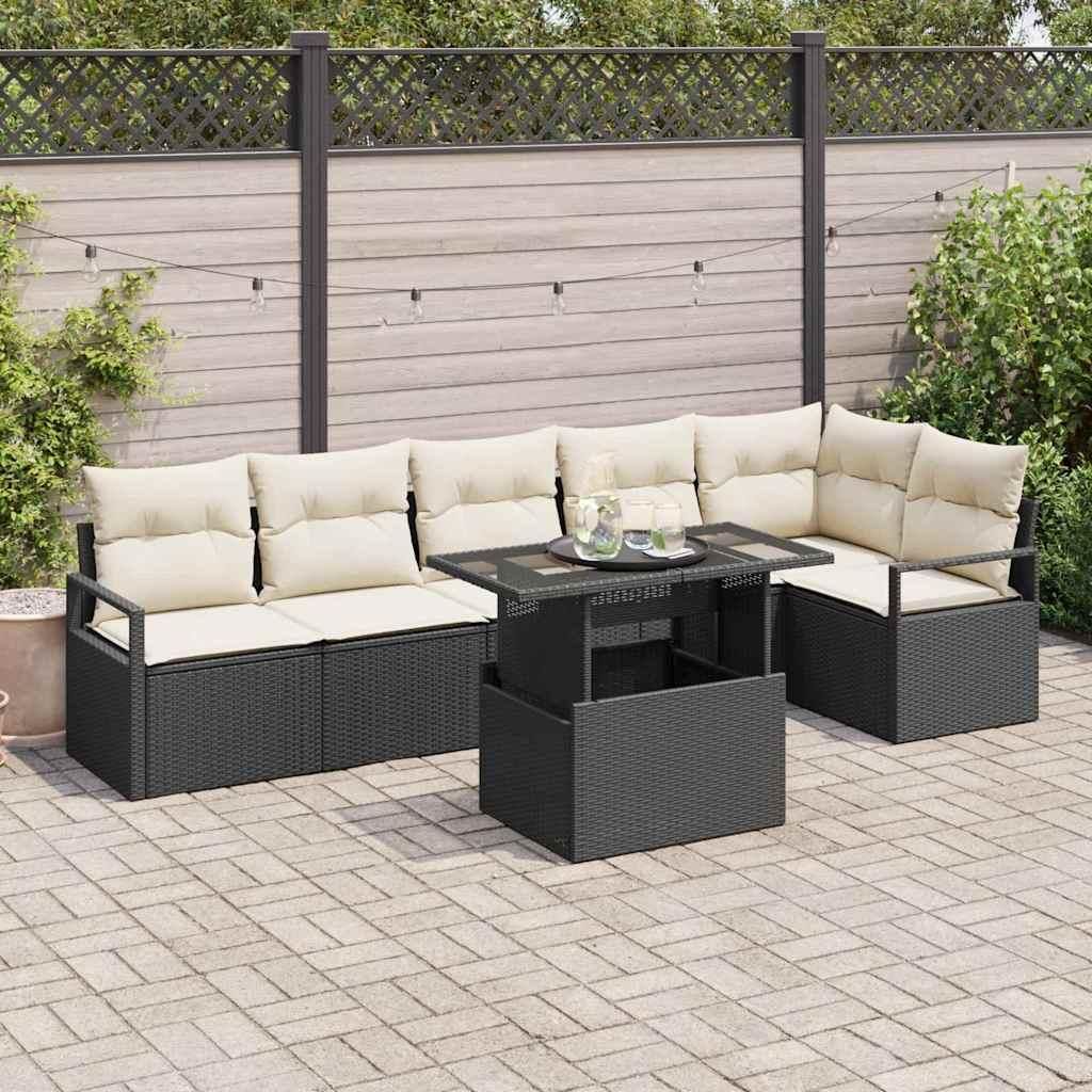 Möbel Garten-Sofa-Set mit Kissen 7 pcs Schwarz Poly Rattan - Gartenmöbelgarnituren 3348833