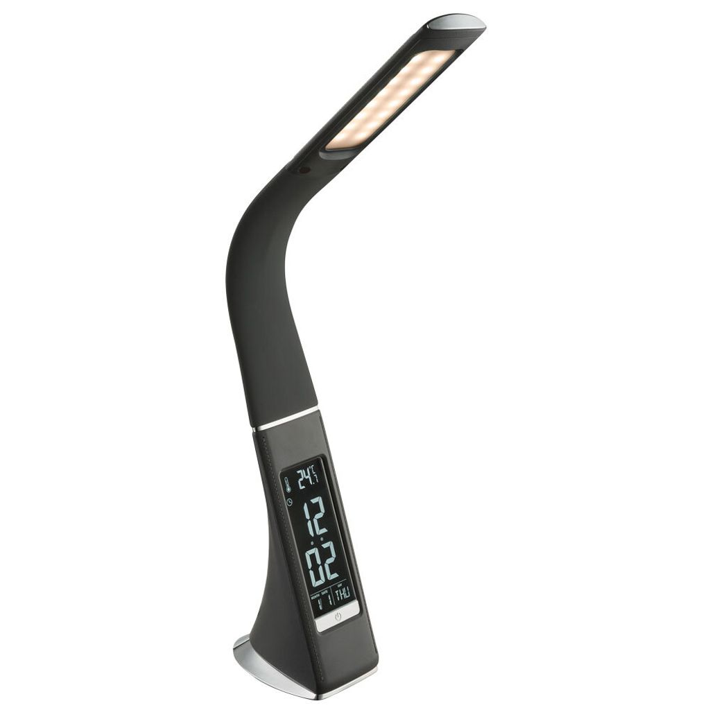 LED Tischlampe, grau, Touchdimmer, Uhr, Wecker, Flexo, H 50 cm