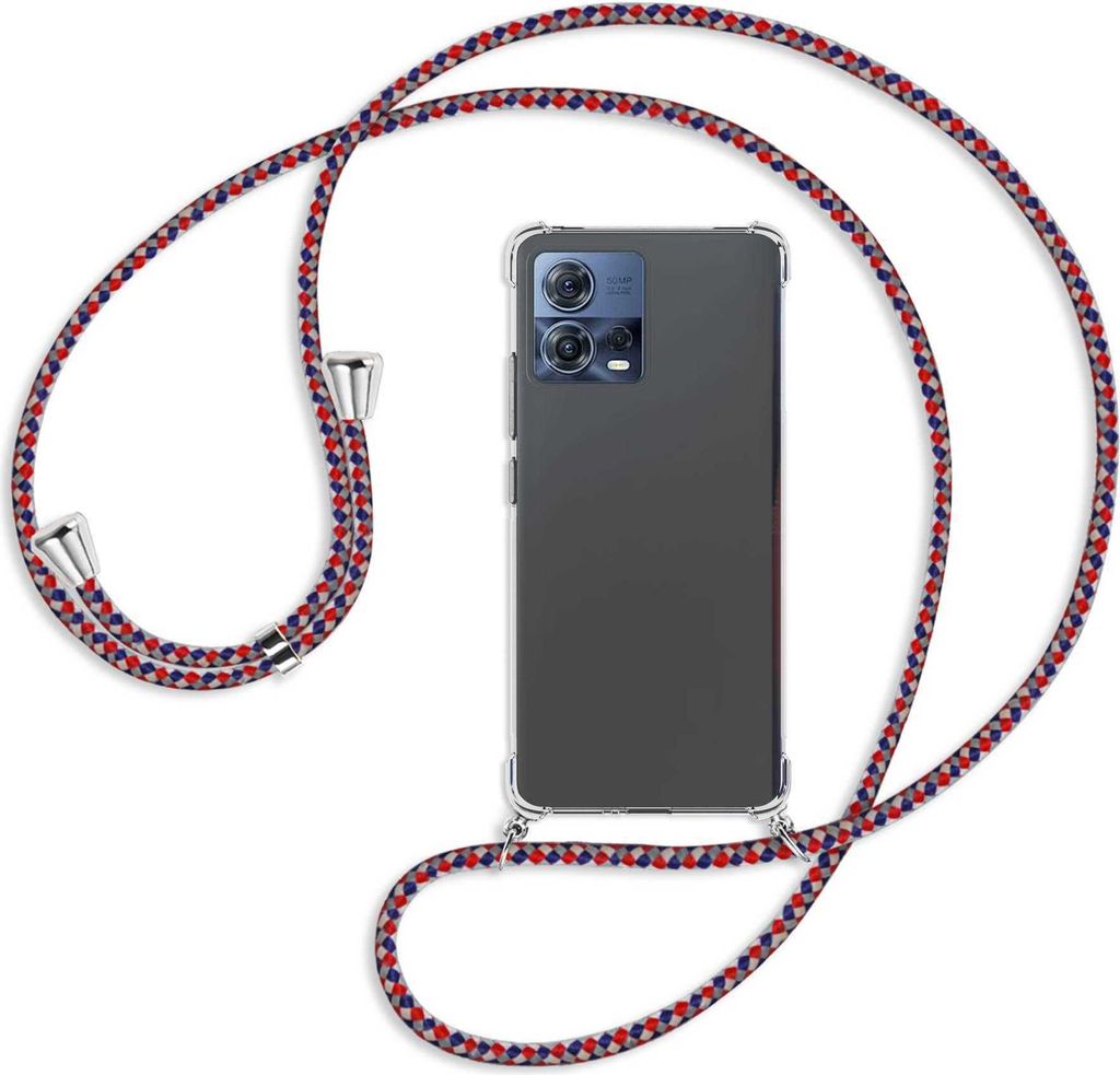 Handykette Backcover-Schutzhülle mit Band (Metall silberfarben) für Motorola Edge 30 Fusion, Moto S30 Pro - silber/blau/rot