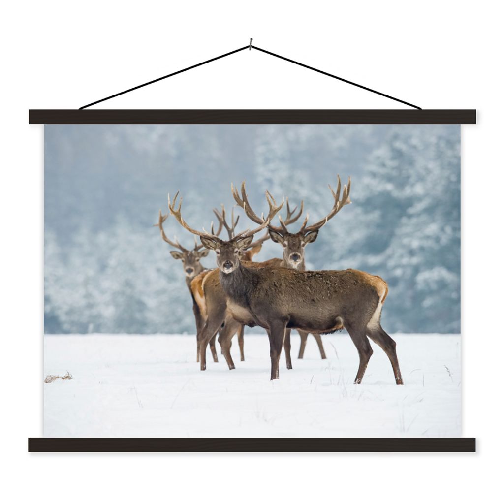 MuchoWow Textilposter Hirsche - Tiere - Schnee - Winter - Landschaft - Natur 150x113 cm mit schwarzem Rahmen - Wohnzimmer