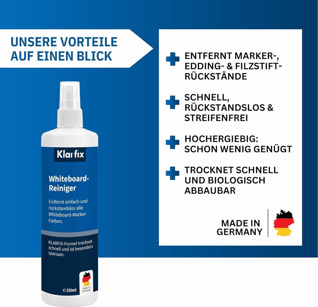 Whiteboard-Reiniger für Flipcharts, Magnettafeln, Planungstafeln & Whiteboards | Entfernt Marker- & Stift-Rückstände rückstandslos | Schnelltro...