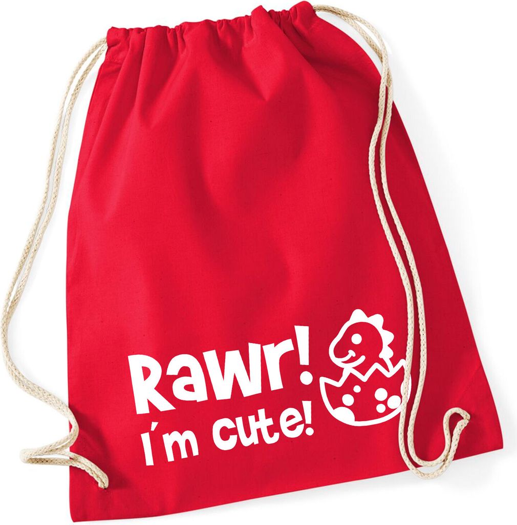 Huuraa Turnbeutel Baby Dino I`m cute 12 Liter Classic Red Baumwolle Rucksack Geschenkidee
