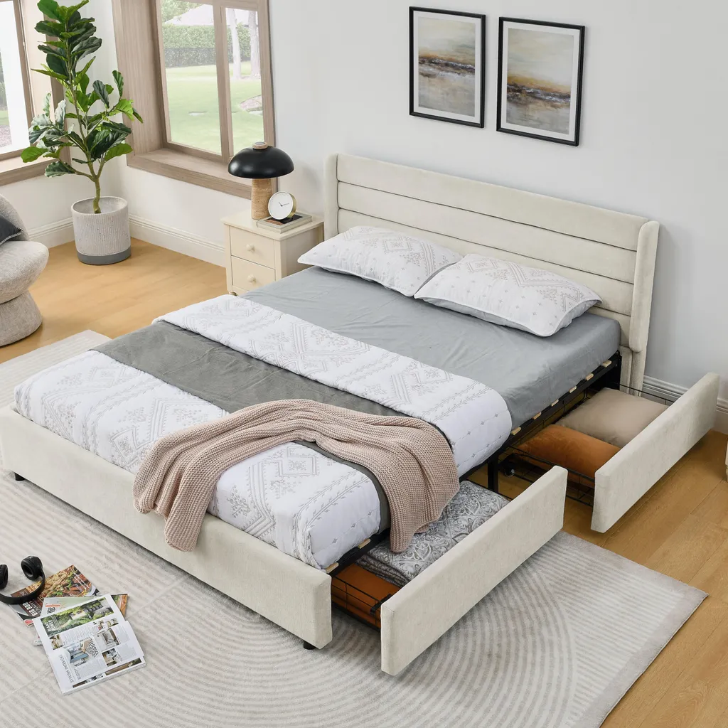 OKWISH Lit Double 160x200 cm avec 4 Tiroirs de Rangement en Chenille Beige