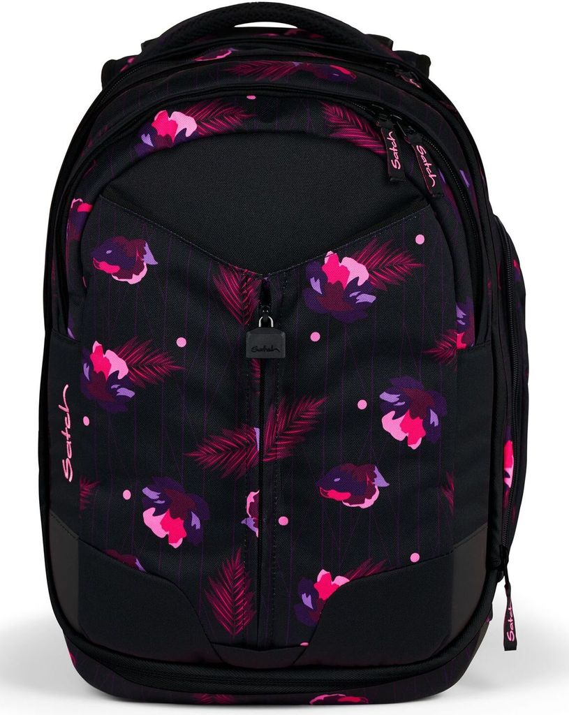 A black backpack with a floral pattern of pink and purple flowers and leaves.
