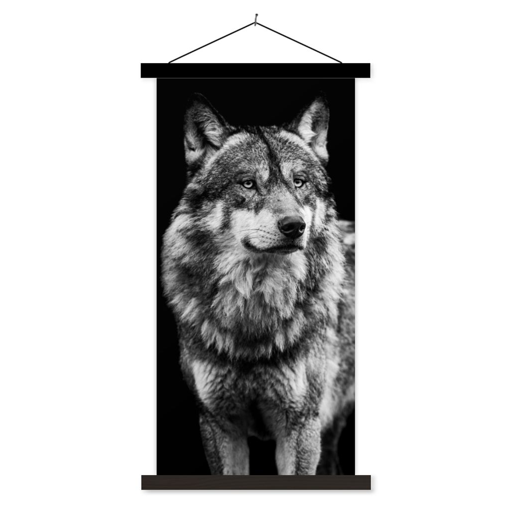 MuchoWow Textilposter Wolf - Tiere - Wild - Schwarz - Weiß 60x120 cm mit schwarzem Rahmen - Magnete