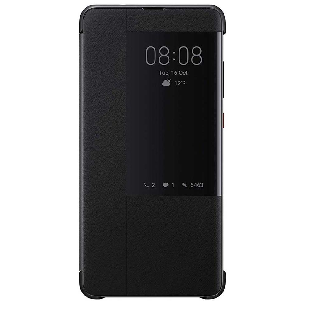 A black flip cover for a Huawei Mate 20 phone, showing the time and date on the phone's screen through the cover.