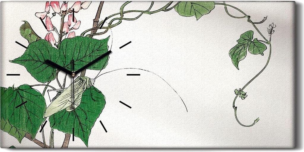 Wanduhr Uhr Wandbild Leinwand 60x30 Gemälde Asiatische Blätter Insekten Blüten - schwarze Hände