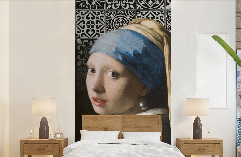 MuchoWow Fototapete für Wohnzimmer oder Schlafzimmer Wandtapete Vinyl Motivtapete Mädchen mit Perlenohrring - Vermeer - Kacheln - 120x240 cm - ...