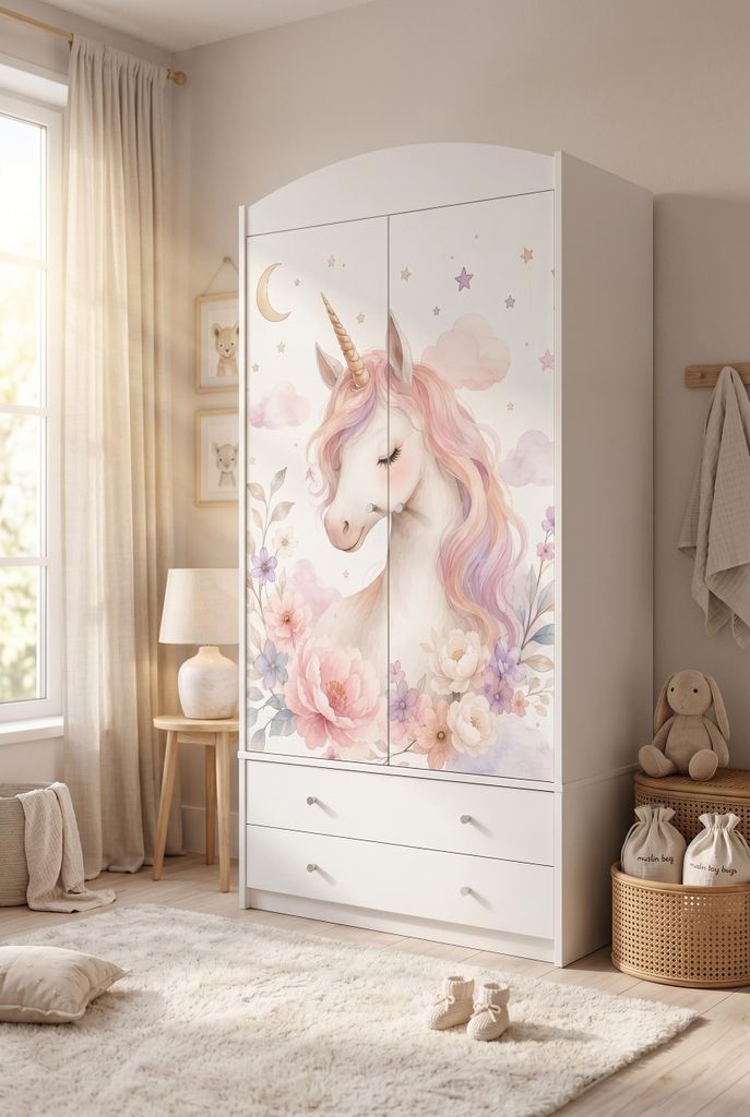 Kinderschrank groß Weiß mit Schubladen und Kleiderstange 88x187 cm Kinder Kleiderschrank 2-türig modern, bunte Aufkleber, Einhorn