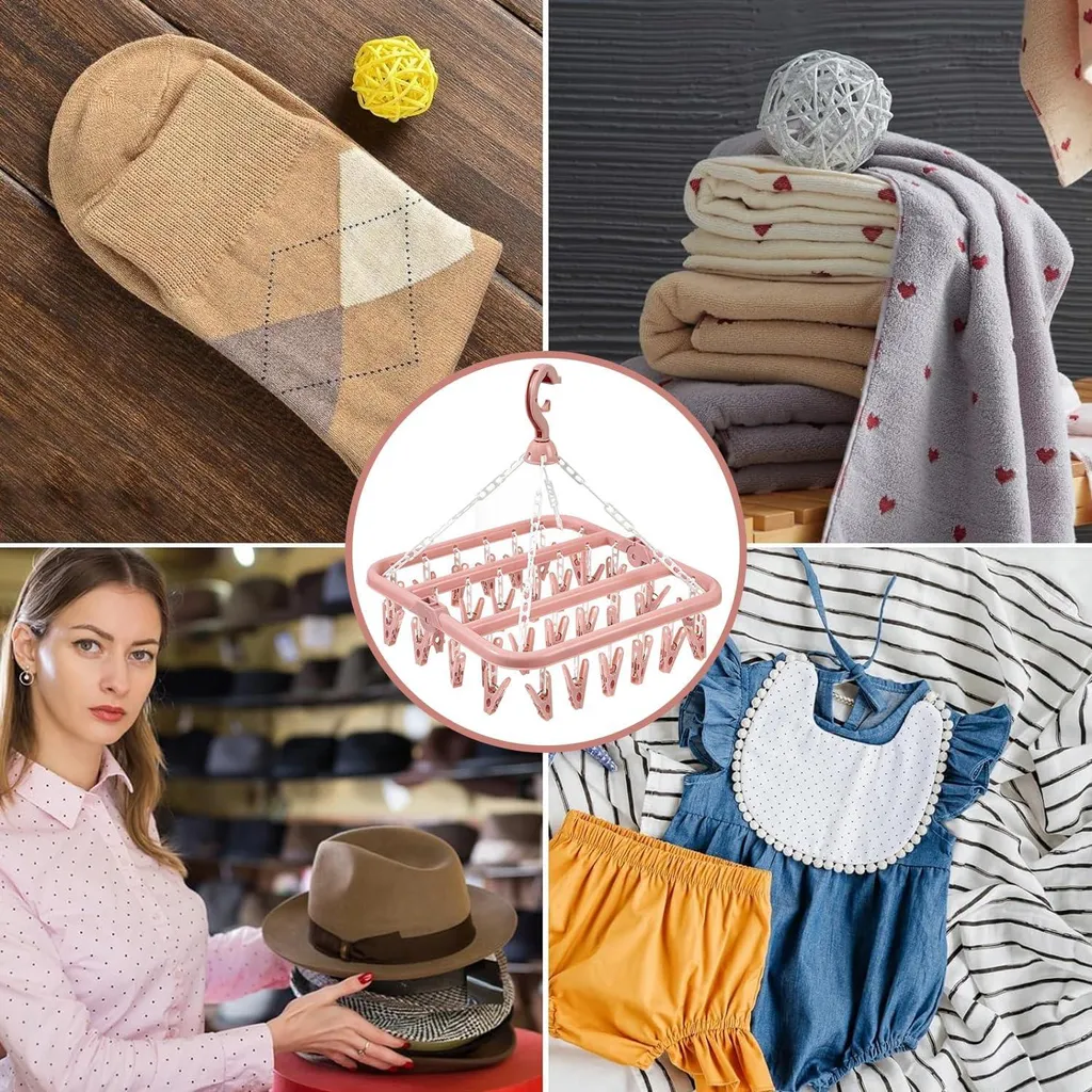 Support chaussettes avec 32 clips rose pour séchage intérieur extérieur - 3