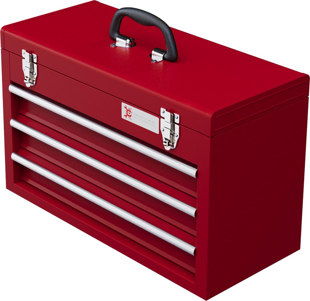 Rote Werkzeugkiste mit 3 Schubladen, Tragegriff, Stahlverschlüsse, 51x22x32 cm, oberes Staufach