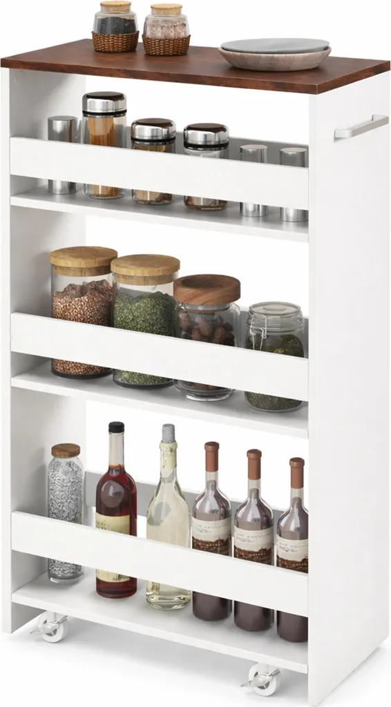 COSTWAY Carrello Slim da Cucina 25 cm - Scaffale Ruote Bianco Legno