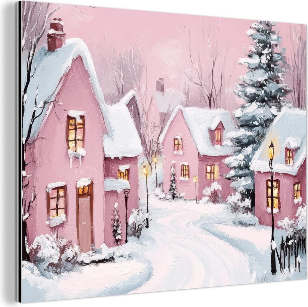 MuchoWow Wanddekoration Metall Metallbild Wandkunst 80x60 cm Weihnachtsdorf - Rosa - Winter - Schnee - Häuser MuchoWow Aluminium Gemälde - Alubild