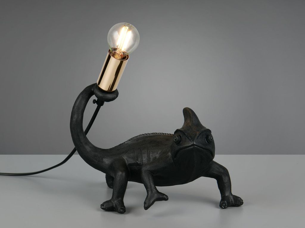 Ausgefallene LED Tischlampe besondere Tierlampe Chamäleon Schwarz, Höhe 22cm
