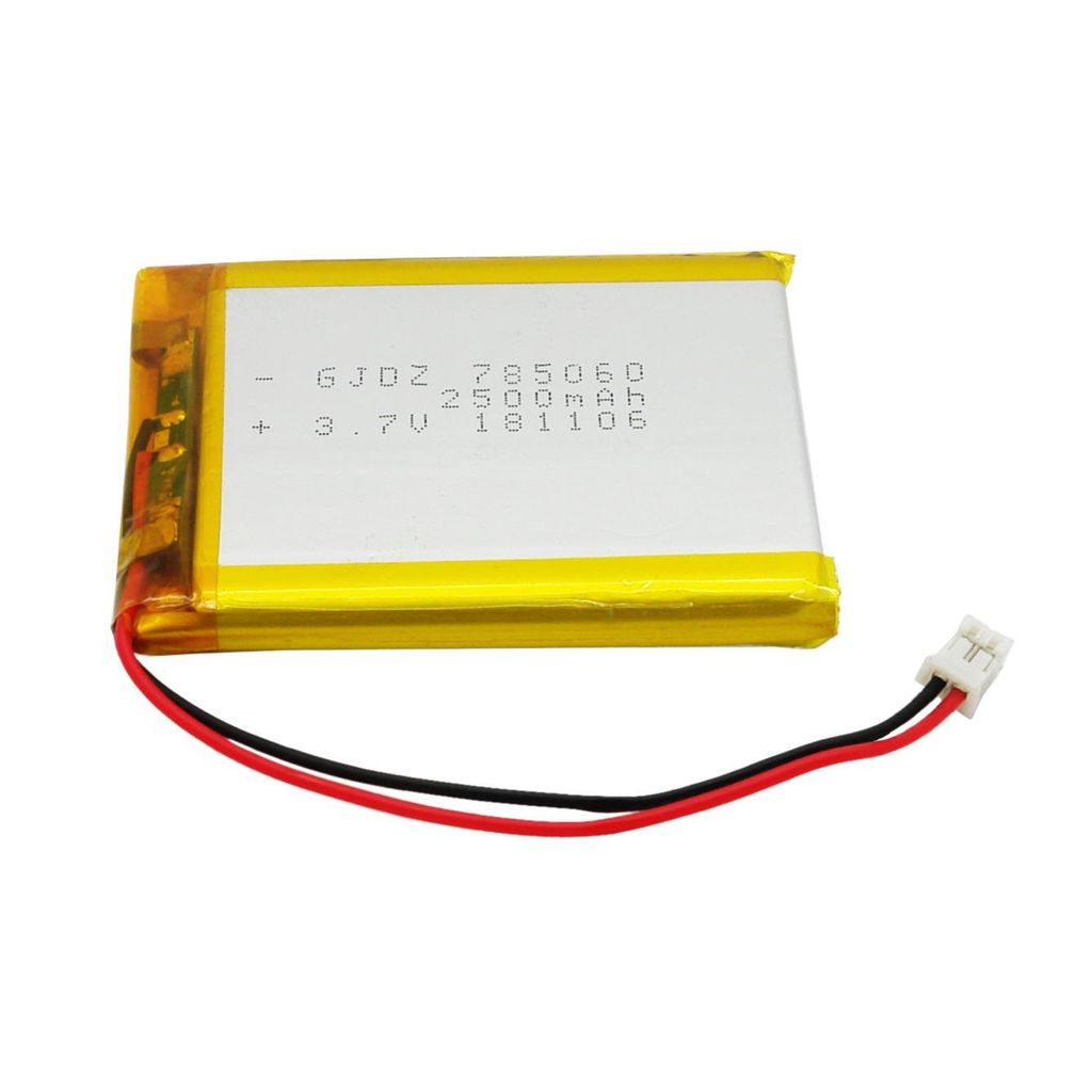 A flat lithium-polymer battery with a white label and a two-pin JST connector with red and black wires.