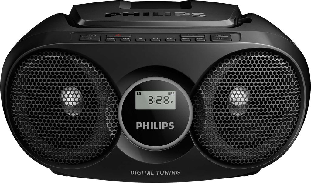 A black Philips boombox with a CD player and digital display.